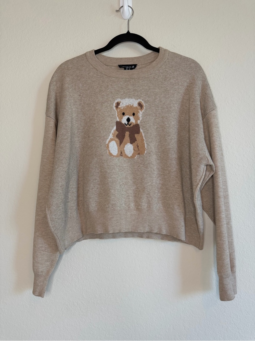 Arden B Taupe Tan Crewneck Sweater with Teddy Bear Intarsia